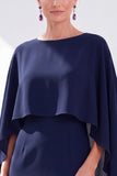 Navy Sheath Bateau Neck Midi Mother of the Bride Dress with Cape