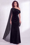 Dark Green Velvet Asymmetrical Neck Sheath Maxi Dress with Cape Sleeve