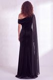 Dark Green Velvet Asymmetrical Neck Sheath Maxi Dress with Cape Sleeve