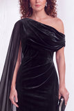 Dark Green Velvet Asymmetrical Neck Sheath Maxi Dress with Cape Sleeve