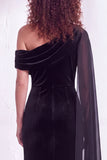 Dark Green Velvet Asymmetrical Neck Sheath Maxi Dress with Cape Sleeve