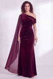 Dark Green Velvet Asymmetrical Neck Sheath Maxi Dress with Cape Sleeve