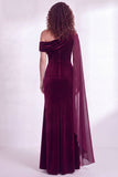 Dark Green Velvet Asymmetrical Neck Sheath Maxi Dress with Cape Sleeve