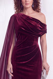 Dark Green Velvet Asymmetrical Neck Sheath Maxi Dress with Cape Sleeve