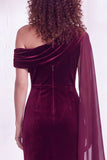 Dark Green Velvet Asymmetrical Neck Sheath Maxi Dress with Cape Sleeve