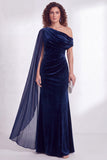 Dark Green Velvet Asymmetrical Neck Sheath Maxi Dress with Cape Sleeve