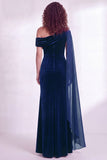 Dark Green Velvet Asymmetrical Neck Sheath Maxi Dress with Cape Sleeve