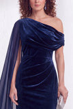 Dark Green Velvet Asymmetrical Neck Sheath Maxi Dress with Cape Sleeve