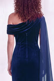 Dark Green Velvet Asymmetrical Neck Sheath Maxi Dress with Cape Sleeve