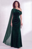 Dark Green Velvet Asymmetrical Neck Sheath Maxi Dress with Cape Sleeve