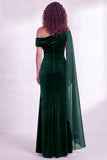 Dark Green Velvet Asymmetrical Neck Sheath Maxi Dress with Cape Sleeve