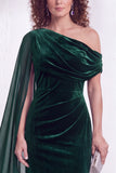 Dark Green Velvet Asymmetrical Neck Sheath Maxi Dress with Cape Sleeve