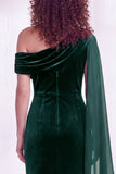 Dark Green Velvet Asymmetrical Neck Sheath Maxi Dress with Cape Sleeve