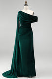 Dark Green Velvet Asymmetrical Neck Sheath Maxi Dress with Cape Sleeve