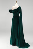 Dark Green Velvet Asymmetrical Neck Sheath Maxi Dress with Cape Sleeve