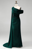 Dark Green Velvet Asymmetrical Neck Sheath Maxi Dress with Cape Sleeve