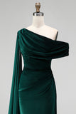 Dark Green Velvet Asymmetrical Neck Sheath Maxi Dress with Cape Sleeve
