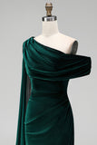 Dark Green Velvet Asymmetrical Neck Sheath Maxi Dress with Cape Sleeve