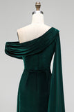 Dark Green Velvet Asymmetrical Neck Sheath Maxi Dress with Cape Sleeve