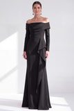 Off the Shoulder Dark Purple Mermaid Long Sleeve Formal Dress with Ruffles