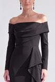 Off the Shoulder Dark Purple Mermaid Long Sleeve Formal Dress with Ruffles