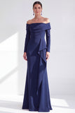Off the Shoulder Dark Purple Mermaid Long Sleeve Formal Dress with Ruffles