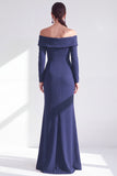 Off the Shoulder Dark Purple Mermaid Long Sleeve Formal Dress with Ruffles