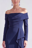 Off the Shoulder Dark Purple Mermaid Long Sleeve Formal Dress with Ruffles