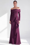 Off the Shoulder Dark Purple Mermaid Long Sleeve Formal Dress with Ruffles