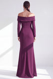 Off the Shoulder Dark Purple Mermaid Long Sleeve Formal Dress with Ruffles