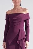 Off the Shoulder Dark Purple Mermaid Long Sleeve Formal Dress with Ruffles