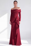 Off the Shoulder Dark Purple Mermaid Long Sleeve Formal Dress with Ruffles