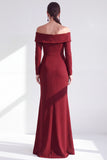 Off the Shoulder Dark Purple Mermaid Long Sleeve Formal Dress with Ruffles