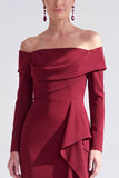 Off the Shoulder Dark Purple Mermaid Long Sleeve Formal Dress with Ruffles