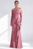 Off the Shoulder Dark Purple Mermaid Long Sleeve Formal Dress with Ruffles