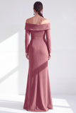 Off the Shoulder Dark Purple Mermaid Long Sleeve Formal Dress with Ruffles
