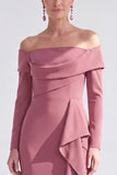Off the Shoulder Dark Purple Mermaid Long Sleeve Formal Dress with Ruffles