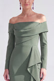 Off the Shoulder Dark Purple Mermaid Long Sleeve Formal Dress with Ruffles