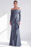Off the Shoulder Dark Purple Mermaid Long Sleeve Formal Dress with Ruffles