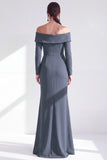 Off the Shoulder Dark Purple Mermaid Long Sleeve Formal Dress with Ruffles