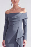 Off the Shoulder Dark Purple Mermaid Long Sleeve Formal Dress with Ruffles