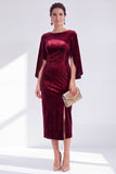 Velvet Bateau Neck Burgundy Midi Mother of the Bride Dress with Cape Sleeves