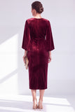 Velvet Bateau Neck Burgundy Midi Mother of the Bride Dress with Cape Sleeves