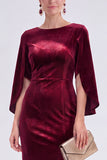 Velvet Bateau Neck Burgundy Midi Mother of the Bride Dress with Cape Sleeves