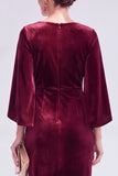 Velvet Bateau Neck Burgundy Midi Mother of the Bride Dress with Cape Sleeves