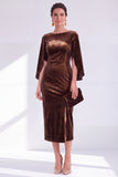Velvet Bateau Neck Burgundy Midi Mother of the Bride Dress with Cape Sleeves