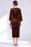 Velvet Bateau Neck Burgundy Midi Mother of the Bride Dress with Cape Sleeves
