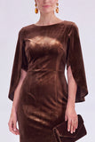 Velvet Bateau Neck Burgundy Midi Mother of the Bride Dress with Cape Sleeves