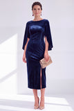 Velvet Bateau Neck Burgundy Midi Mother of the Bride Dress with Cape Sleeves