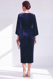 Velvet Bateau Neck Burgundy Midi Mother of the Bride Dress with Cape Sleeves